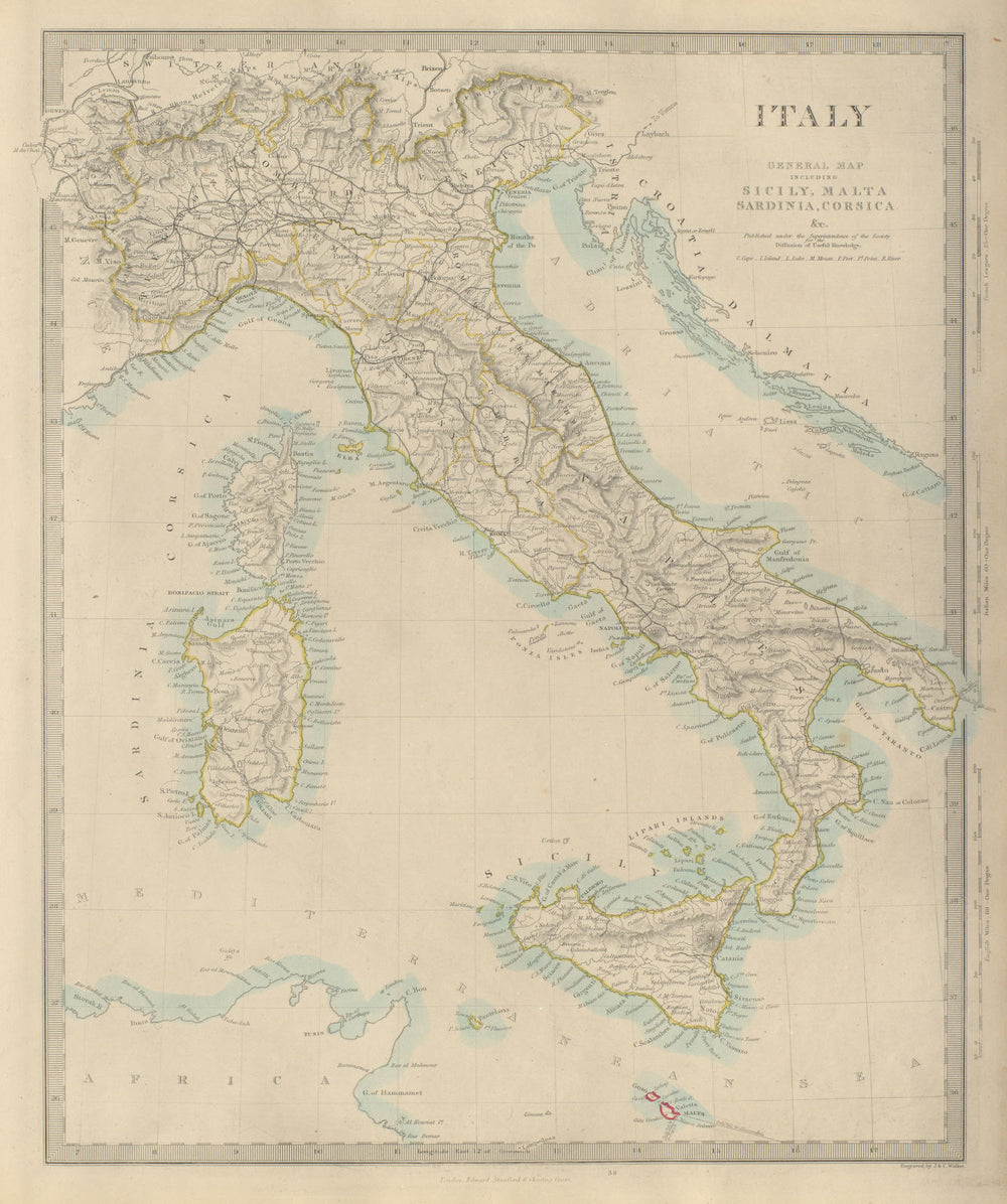 ITALY general map. Sicily Malta Sardinia Corsica. Excludes South Tyrol SDUK 1874