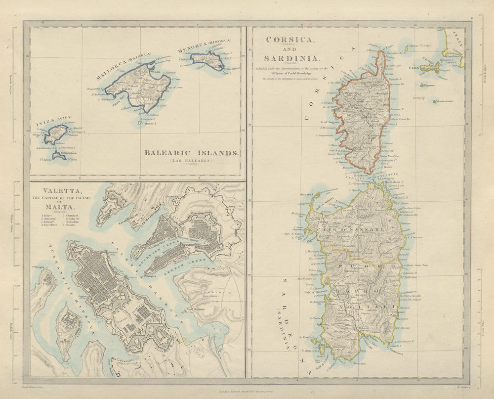 MEDITERRANEAN Corsica Sardinia Balearics Baleares Valletta Malta SDUK 1874 map