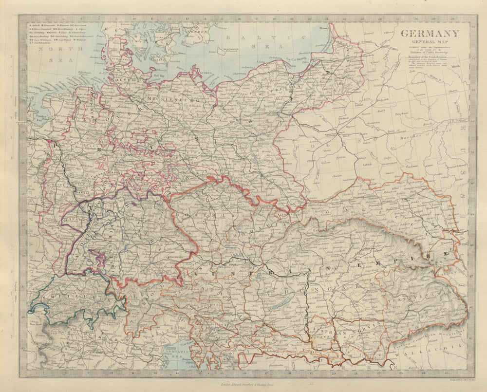 Newly unified GERMANY & AUSTRIAN EMPIRE General Map. Hungary. SDUK 1874