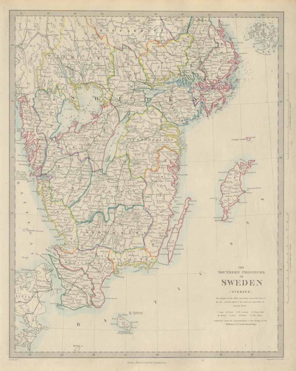 SOUTHERN & CENTRAL SWEDEN. Sverige. Götaland & Svealand. SDUK 1874 old map