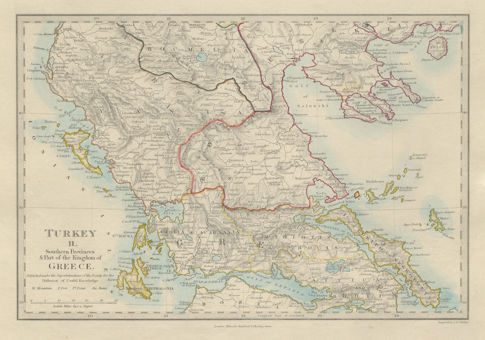 GREECE Corfu Ionian Euboea Kephalonia Saloniki Yania Roumelia SDUK 1874 map
