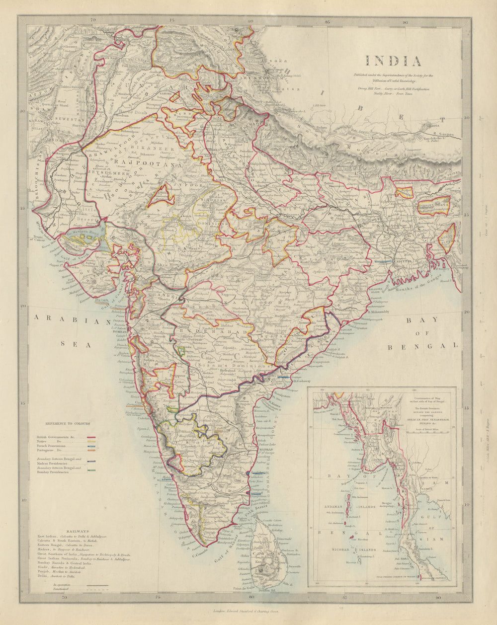 BRITISH INDIA showing French Portuguese native states. Railways. SDUK 1874 map