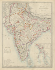 BRITISH INDIA showing French Portuguese native states. Railways. SDUK 1874 map