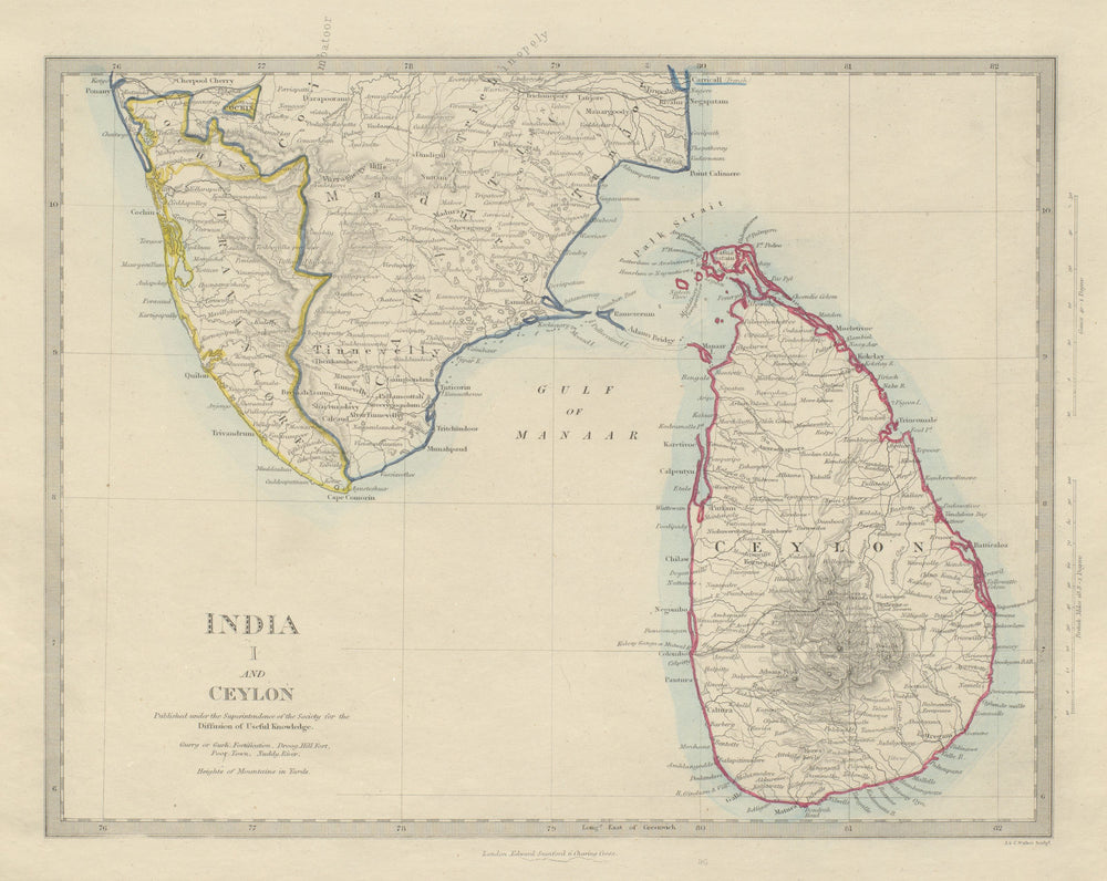 SOUTH INDIA & CEYLON. Sri Lanka. Carnatic Travancore Kochi. SDUK 1874 old map
