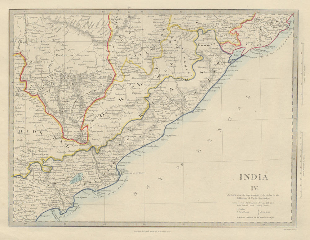 INDIA Circars Hyderabad Orissa Odisha Andhra Pradesh Chhattisgarh. SDUK 1874 map