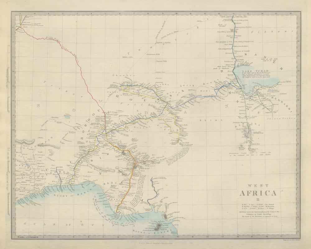 NIGERIA explorers' routes. Lander Clapperton Oudney Denham Allen. SDUK 1874 map