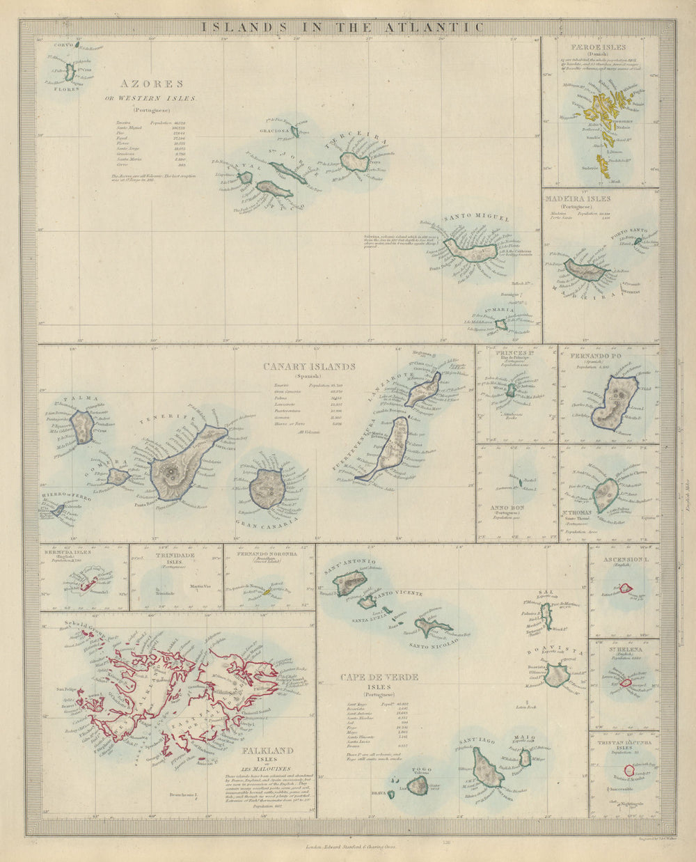 ATLANTIC ISLANDS Azores Cape Verde Madeira Canary Bermuda Falkland SDUK 1874 map