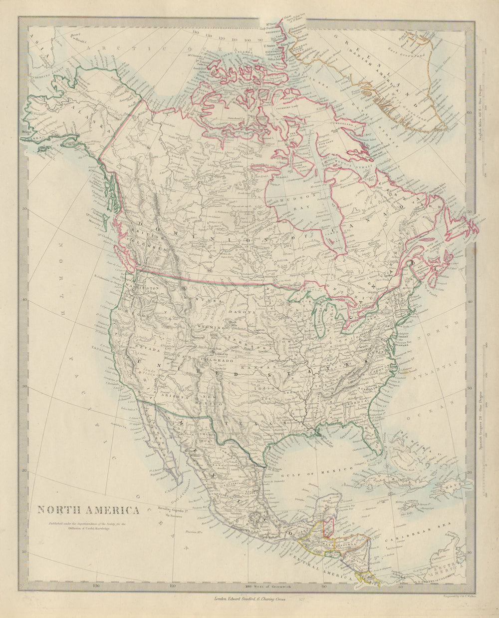 NORTH AMERICA Haida Gwaii shown as US. Maine/NB border differs. SDUK 1874 map