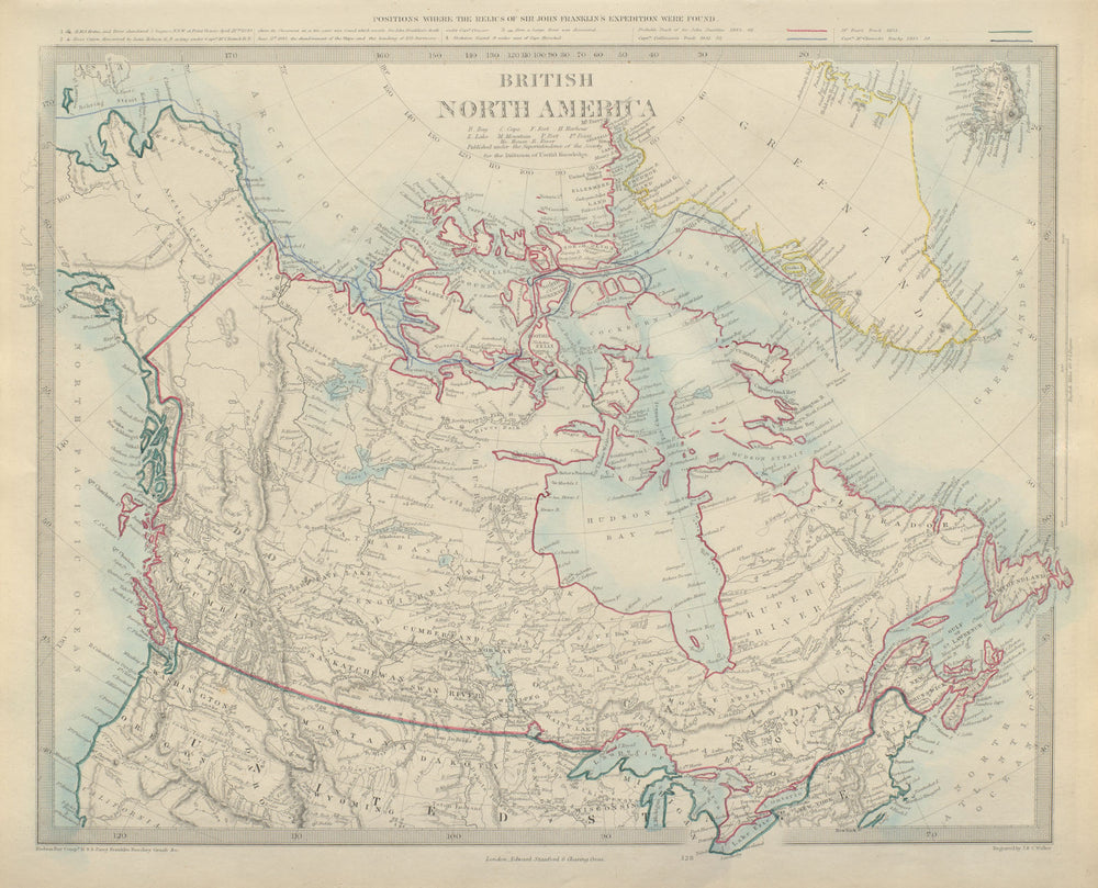 BRITISH NORTH AMERICA Northwest passage explorers' routes Franklin SDUK 1874 map