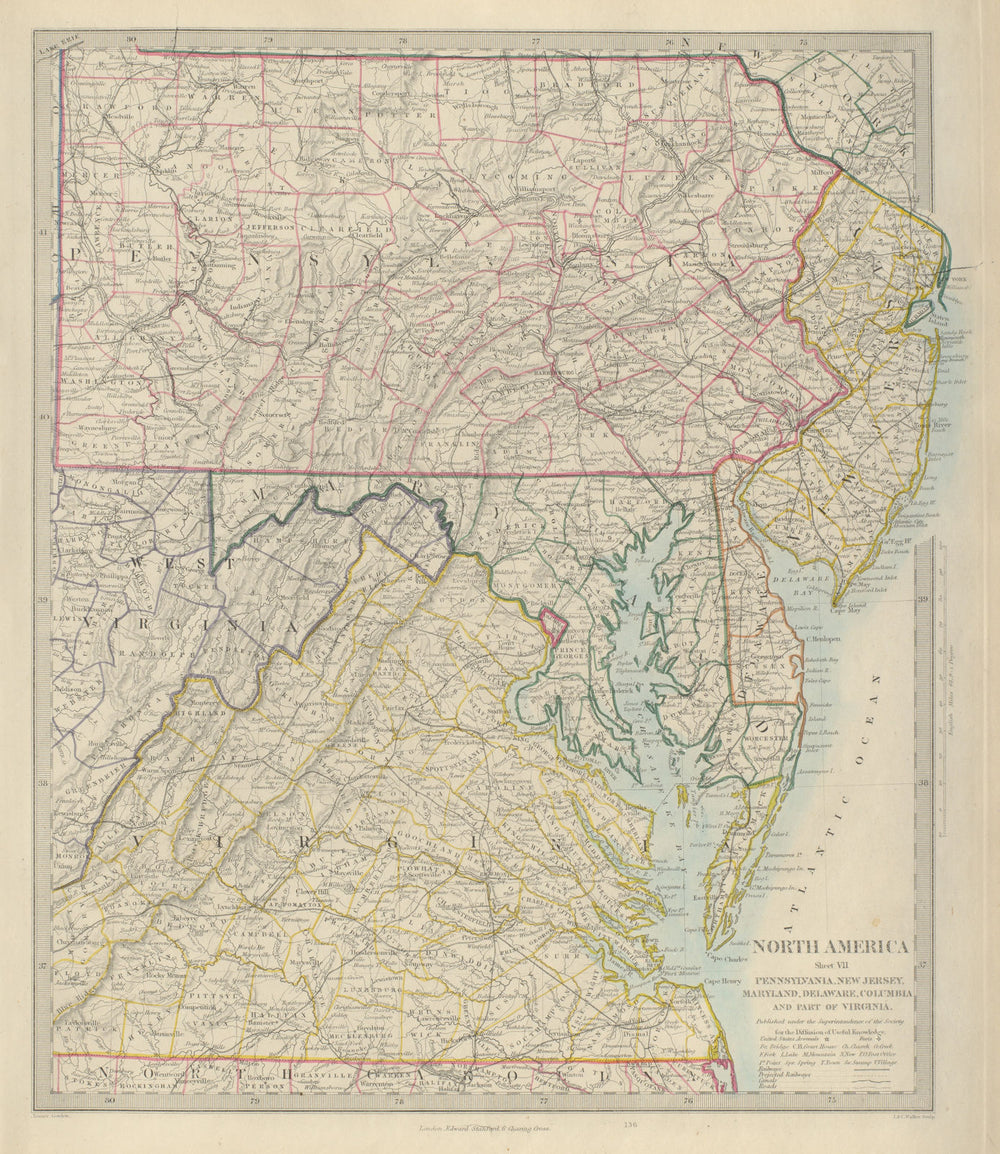 USA. Pennsylvania New Jersey Maryland Delaware DC Virginia. SDUK 1874 old map