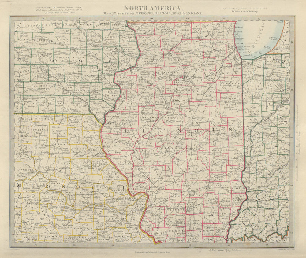 USA MIDWEST. Missouri Illinois Indiana Iowa. Railways. SDUK 1874 old map