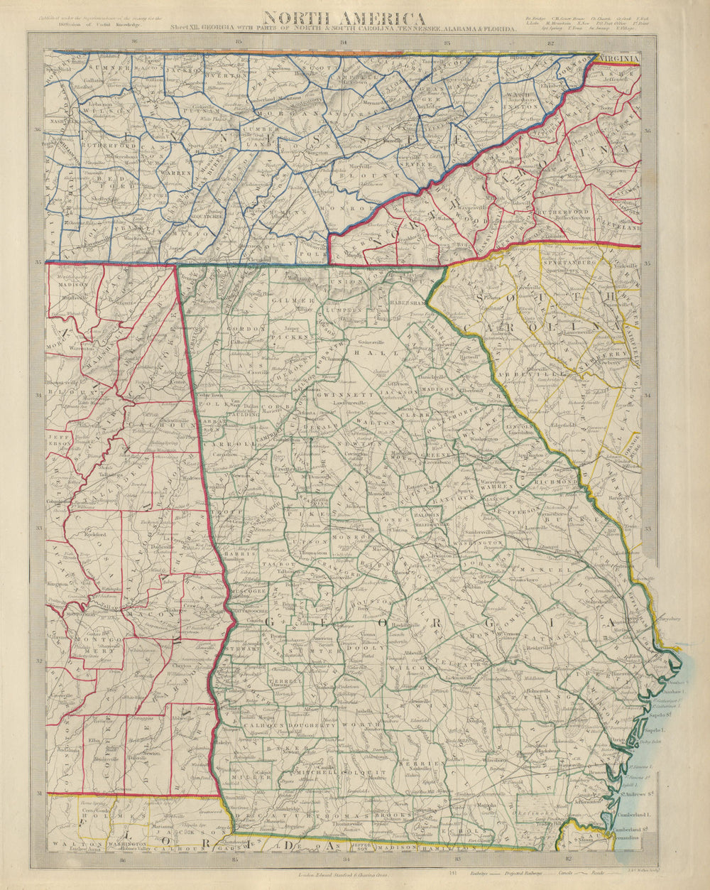 GEORGIA, Eastern Alabama & Tennessee, Western Carolinas. SDUK 1874 old map