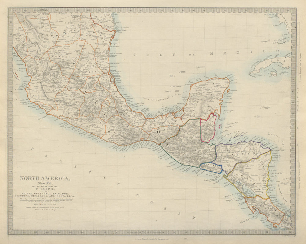 SOUTHERN MEXICO & CENTRAL AMERICA Yucatan Belize Guatemala SDUK 1874 old map