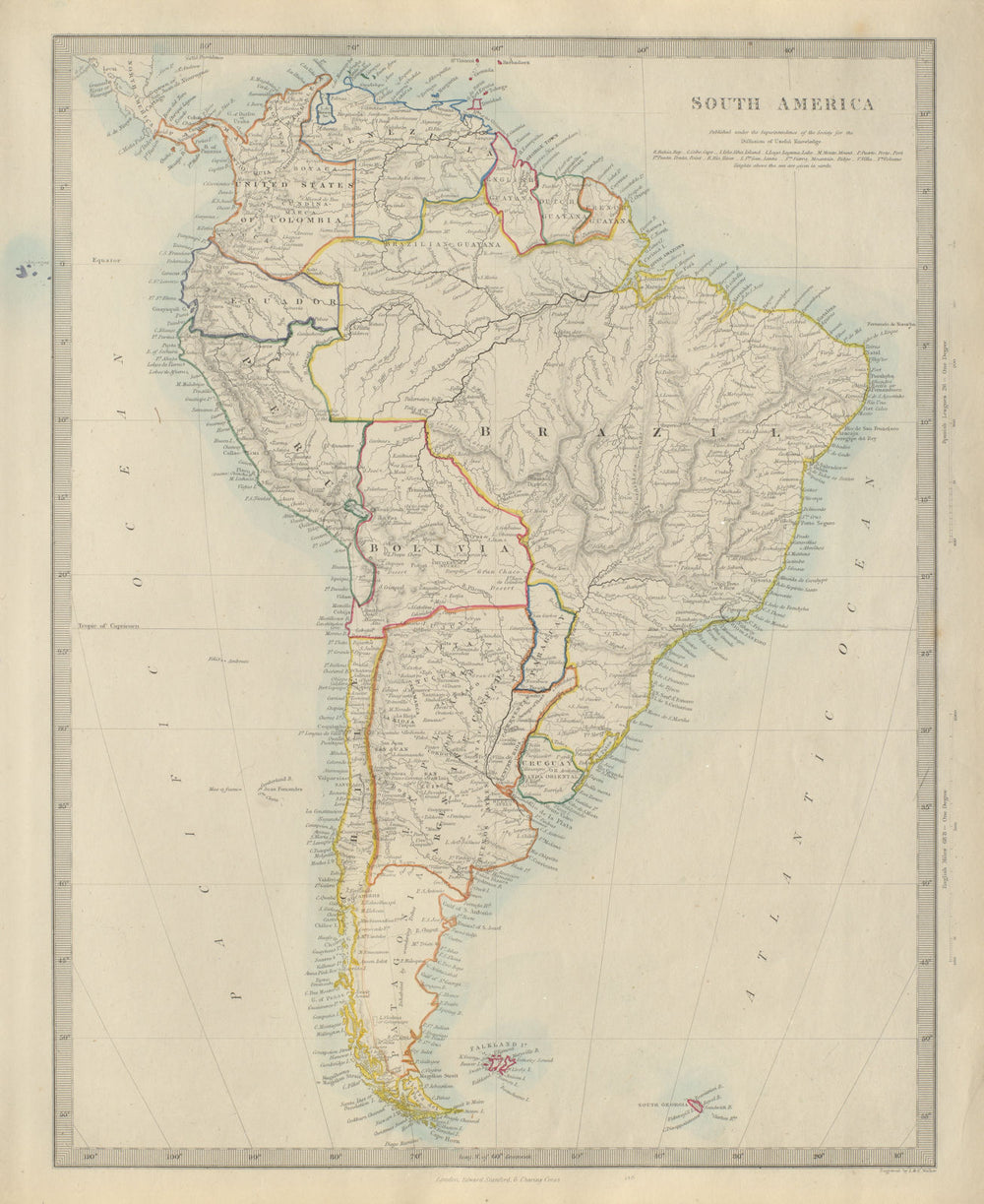 SOUTH AMERICA Brazil Chile Peru Bolivia W/ Litoral Patagonia. SDUK 1874 map