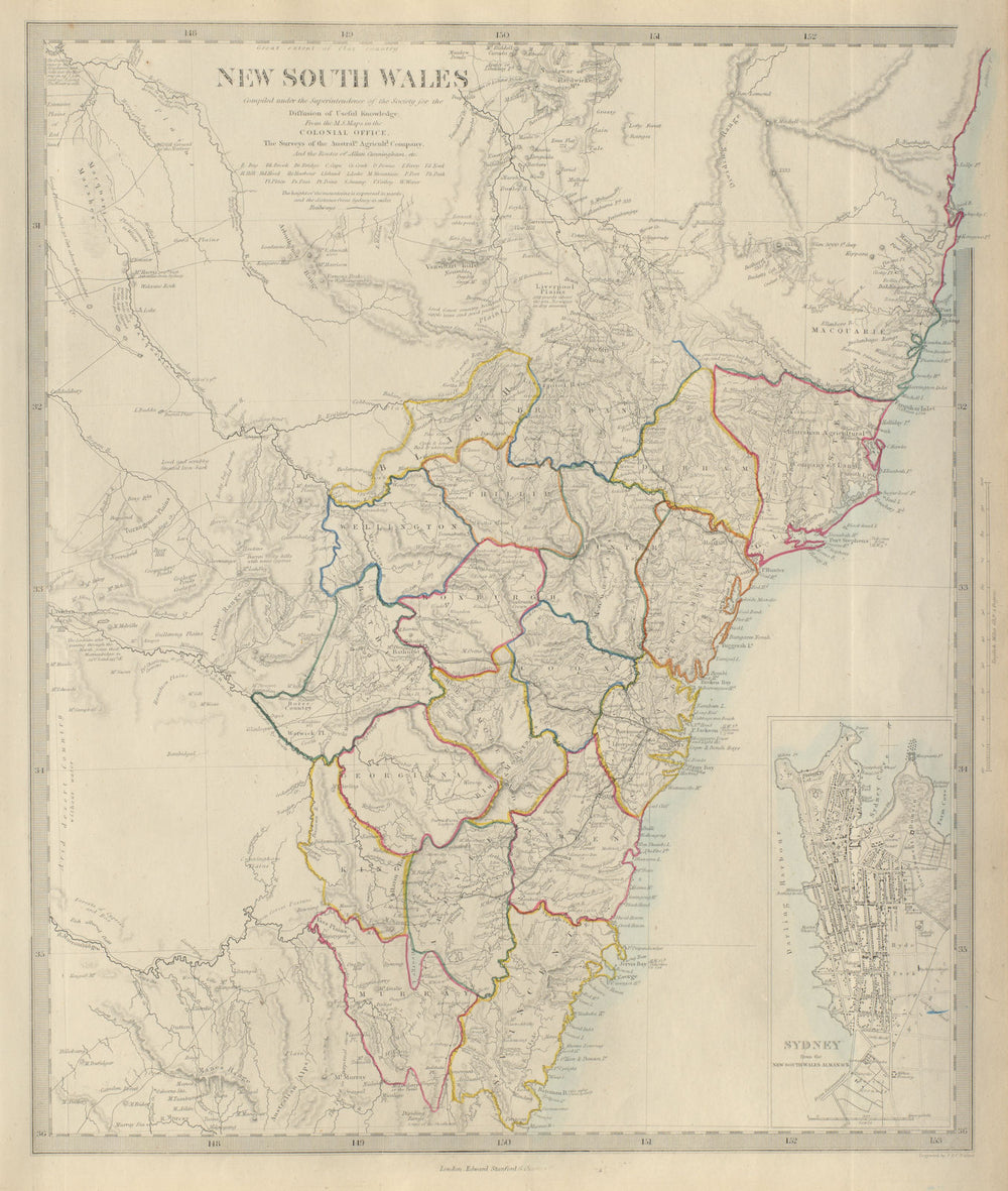 NEW SOUTH WALES showing original 19 counties. Sydney city plan. SDUK 1874 map