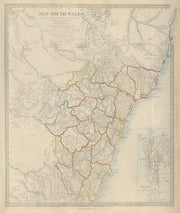 NEW SOUTH WALES showing original 19 counties. Sydney city plan. SDUK 1874 map
