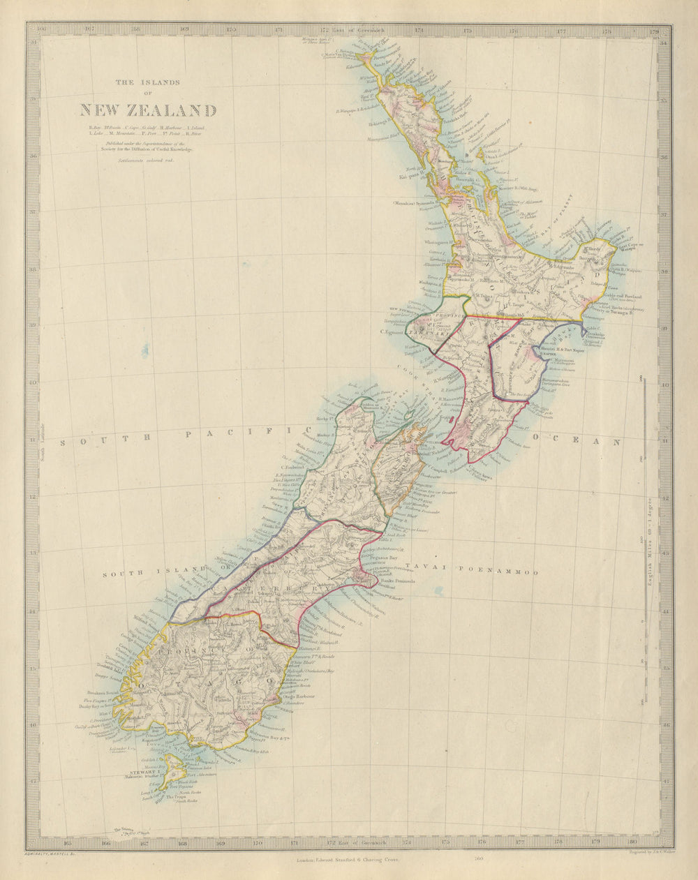 NEW ZEALAND provinces inc. Westland. Tavai Poenammoo Eaheinomauwe. SDUK 1874 map