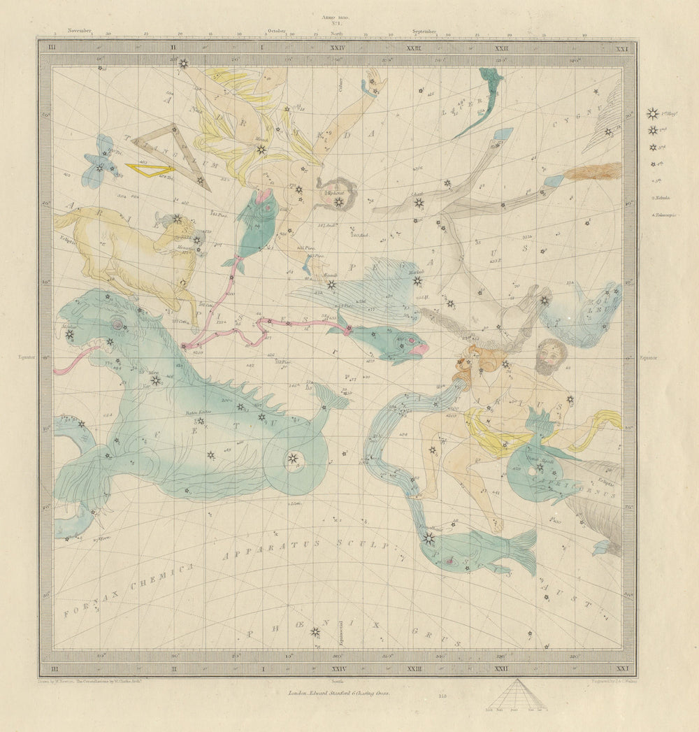 ASTRONOMY CELESTIAL Star map chart signs 1 Vernal Spring Equinox. SDUK 1874