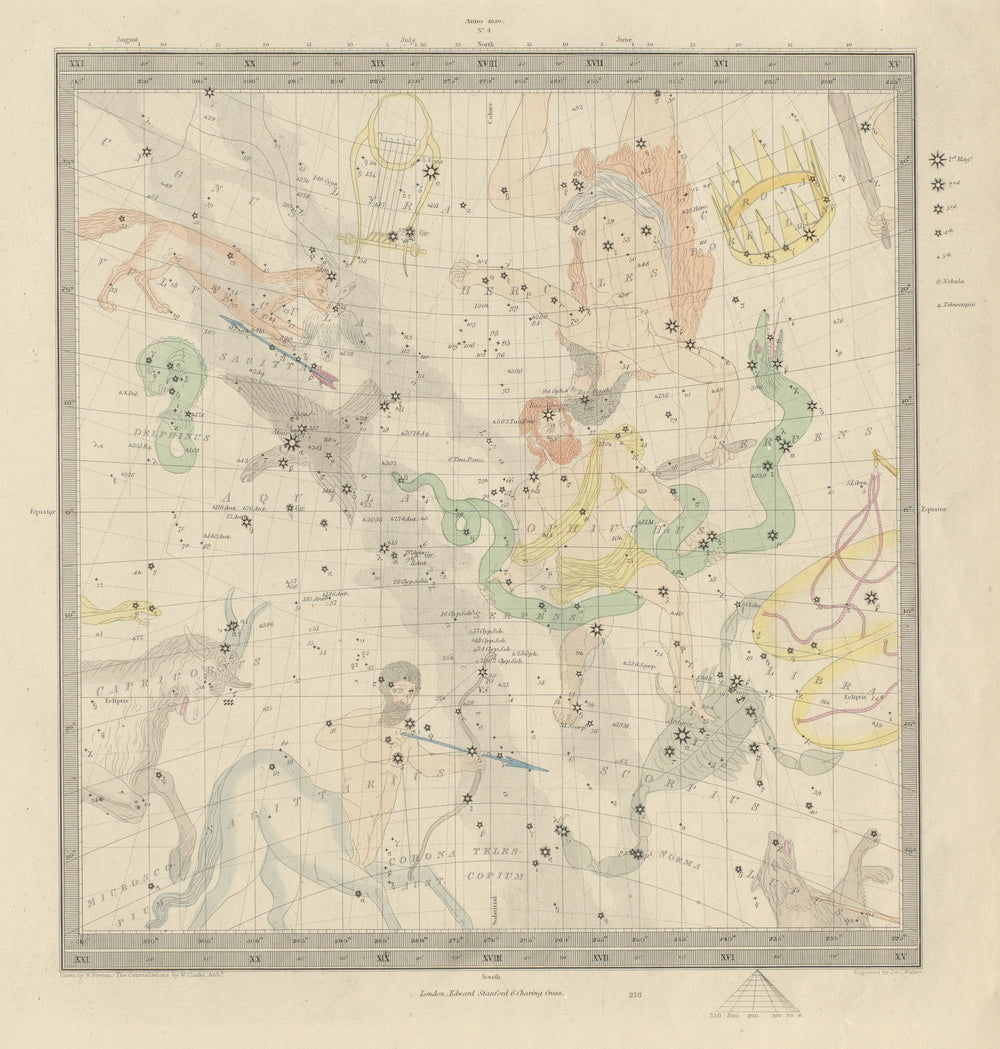 ASTRONOMY CELESTIAL Star map chart signs 4 Winter Solstice. SDUK 1874 old