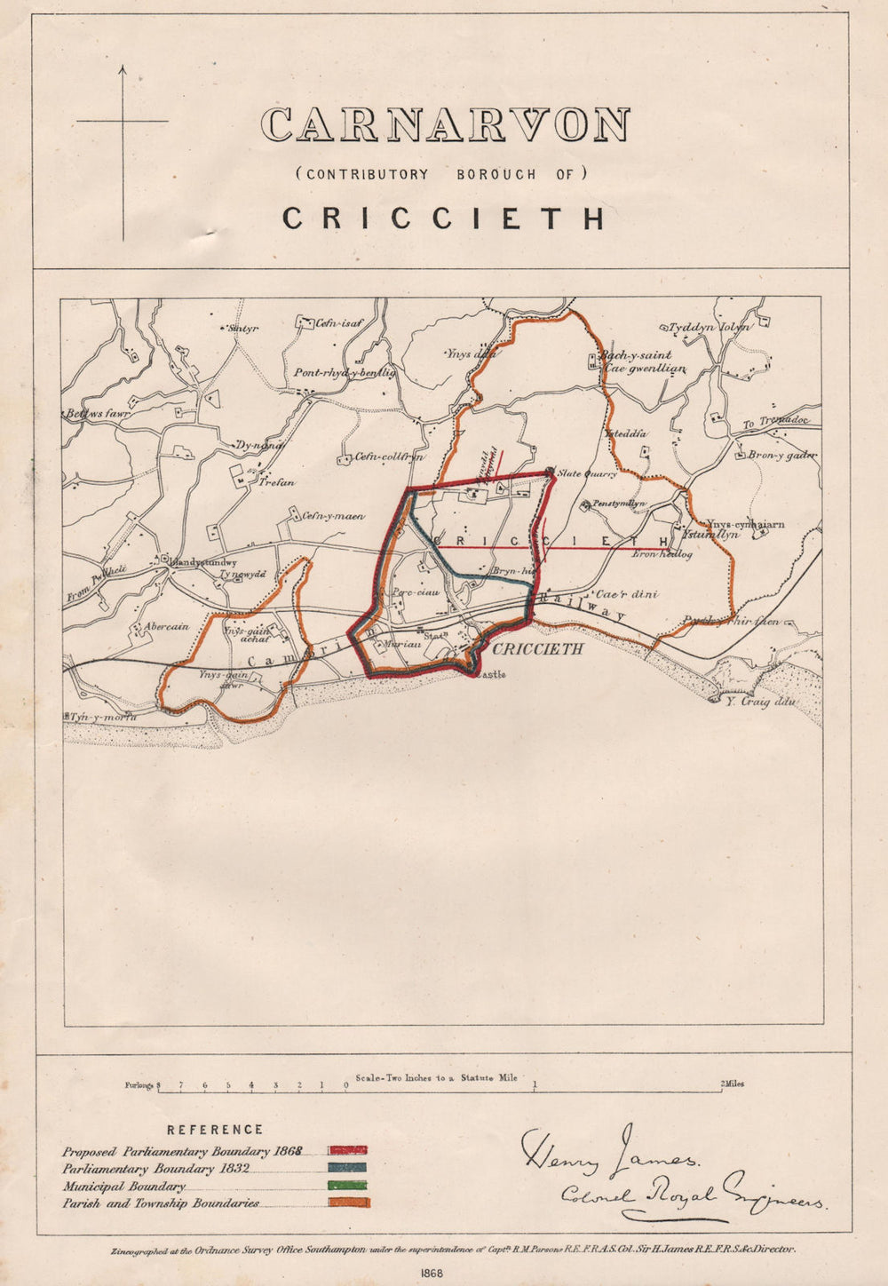 Carnarvon Contributory Borough of Criccieth. JAMES. BOUNDARY COMMISSION 1868 map