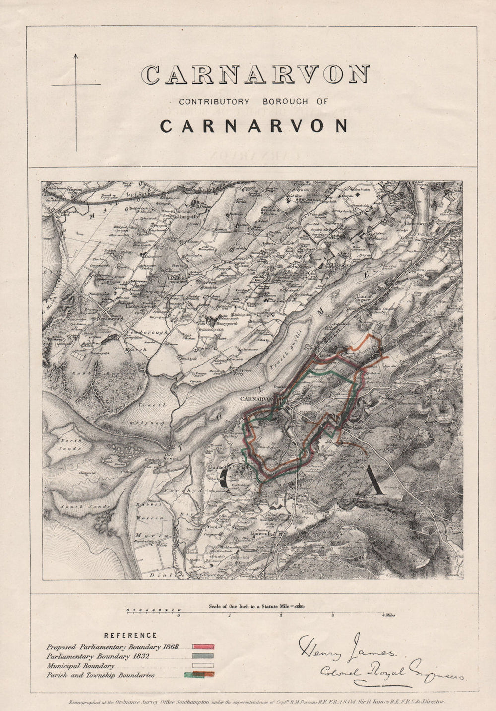 Carnarvon Contributory Borough. Caernarfon. JAMES. BOUNDARY COMMISSION 1868 map