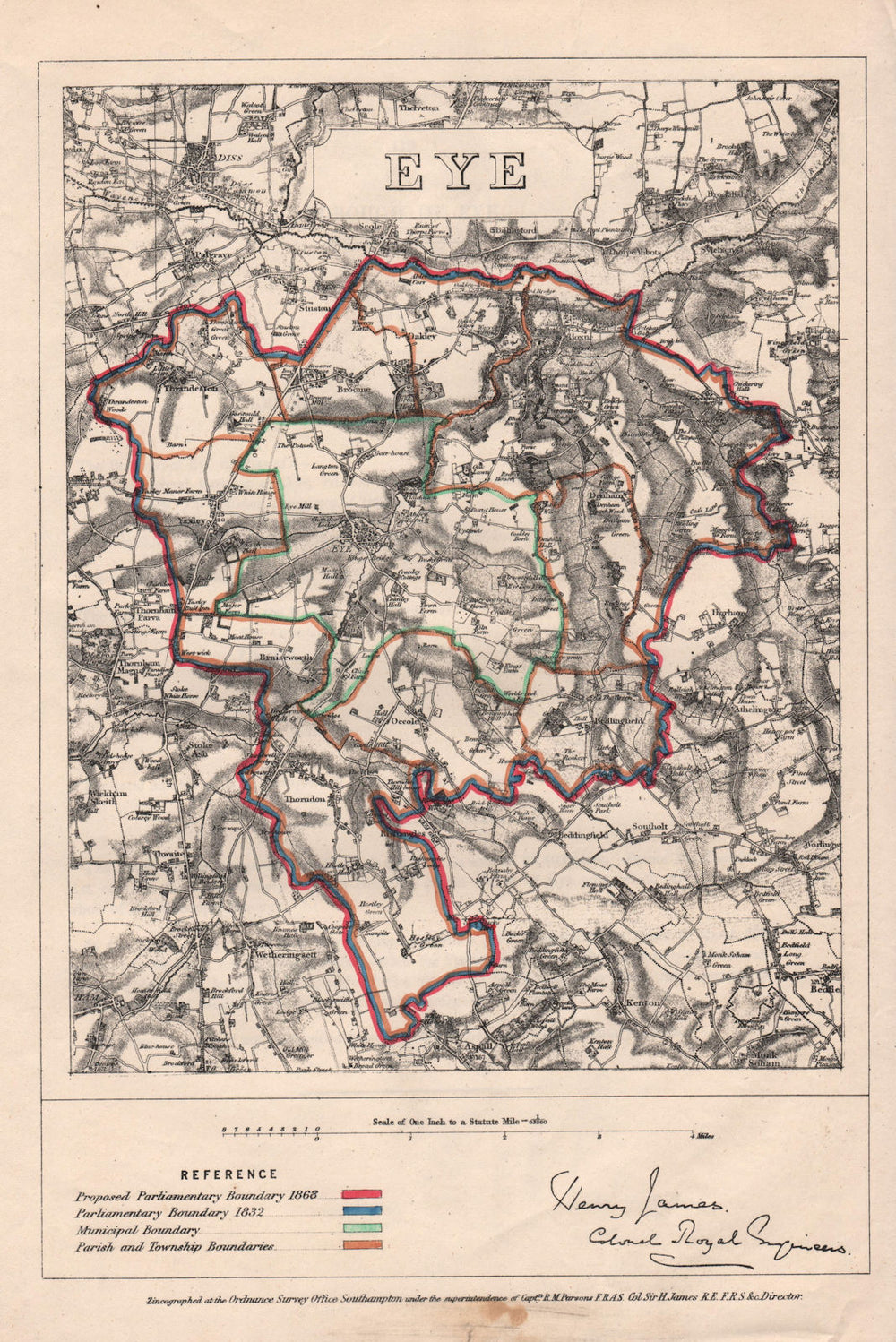 Eye, Suffolk. JAMES. PARLIAMENTARY BOUNDARY COMMISSION 1868 old antique map