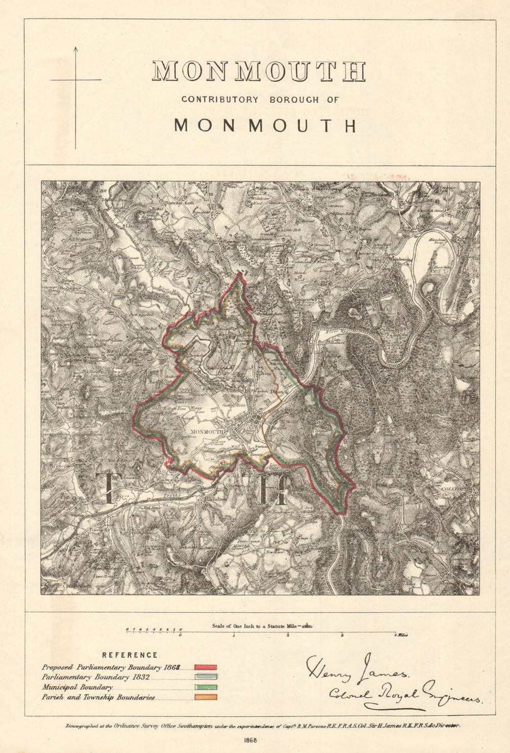 Monmouth Contributory Borough. JAMES. PARLIAMENTARY BOUNDARY COMMISSION 1868 map