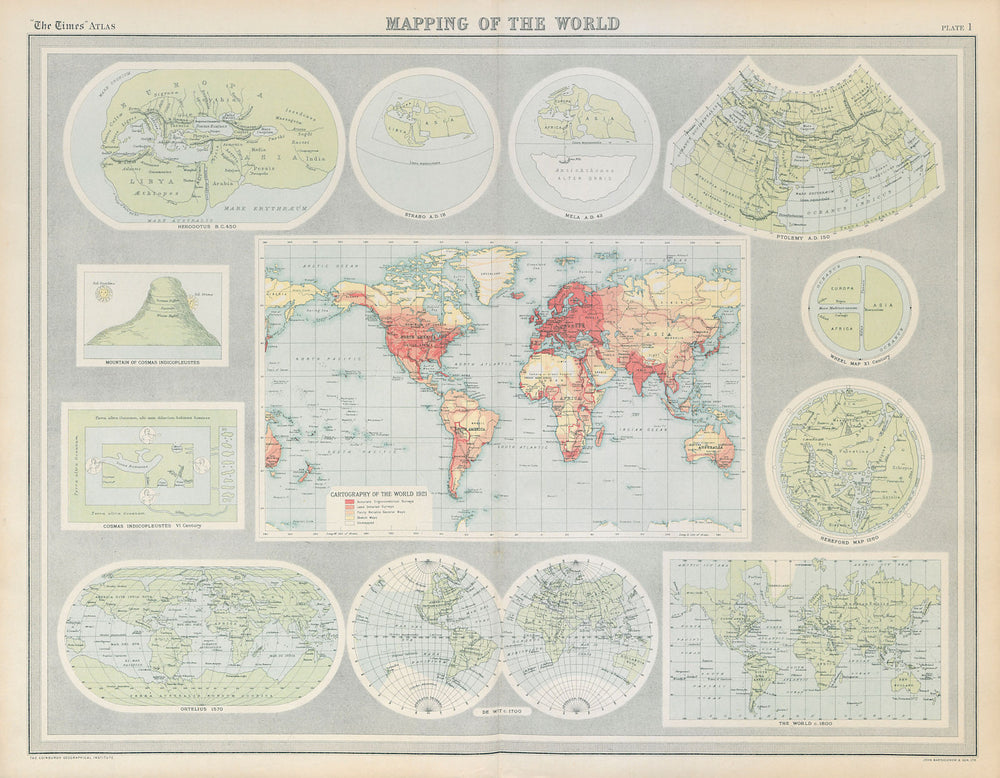World Mapping development. Survey coverage. Herodotus Strabo Ptolemy TIMES 1922