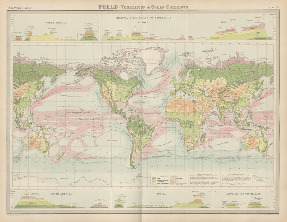 World. Vegetation. Ocean currents. Continental cross sections. TIMES 1922 map