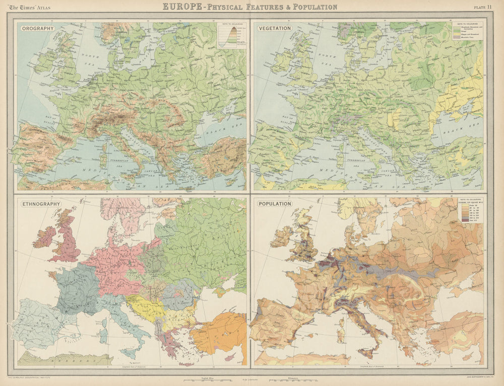 Europe. Relief. Vegetation Ethnicity Race Population. THE TIMES 1922 old map