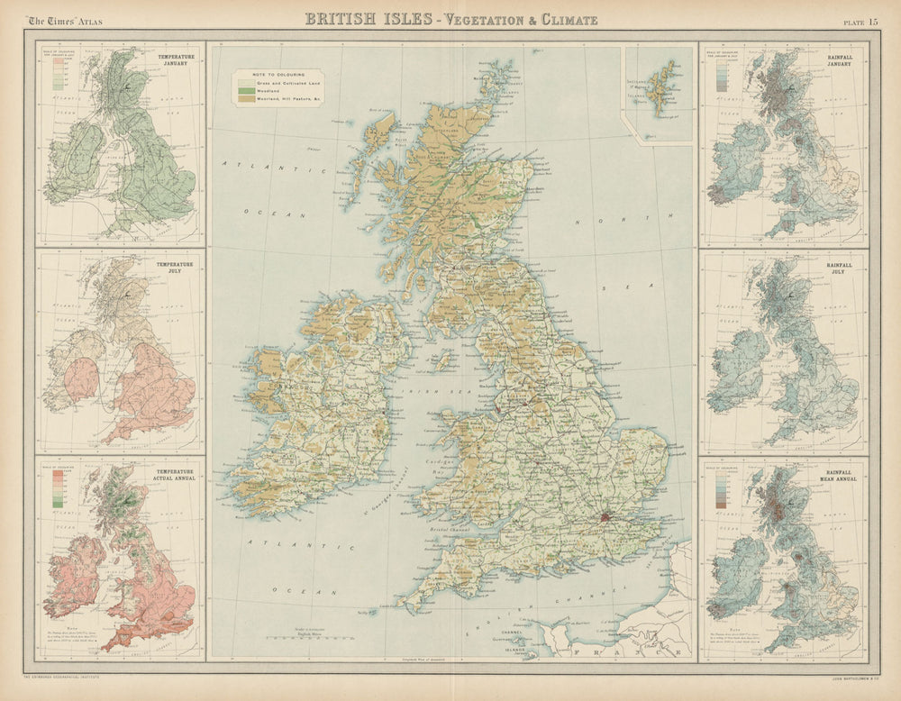 British Isles Vegetation Climate. Temperature rainfall woodland. TIMES 1922 map