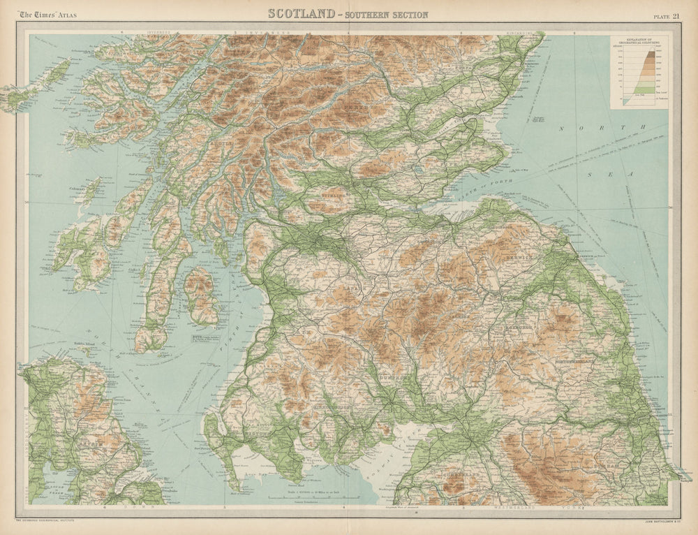 Southern Scotland. Relief & railways. THE TIMES 1922 old antique map chart