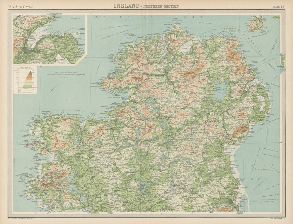 Ireland - northern section. Ulster. Relief & railways. THE TIMES 1922 old map