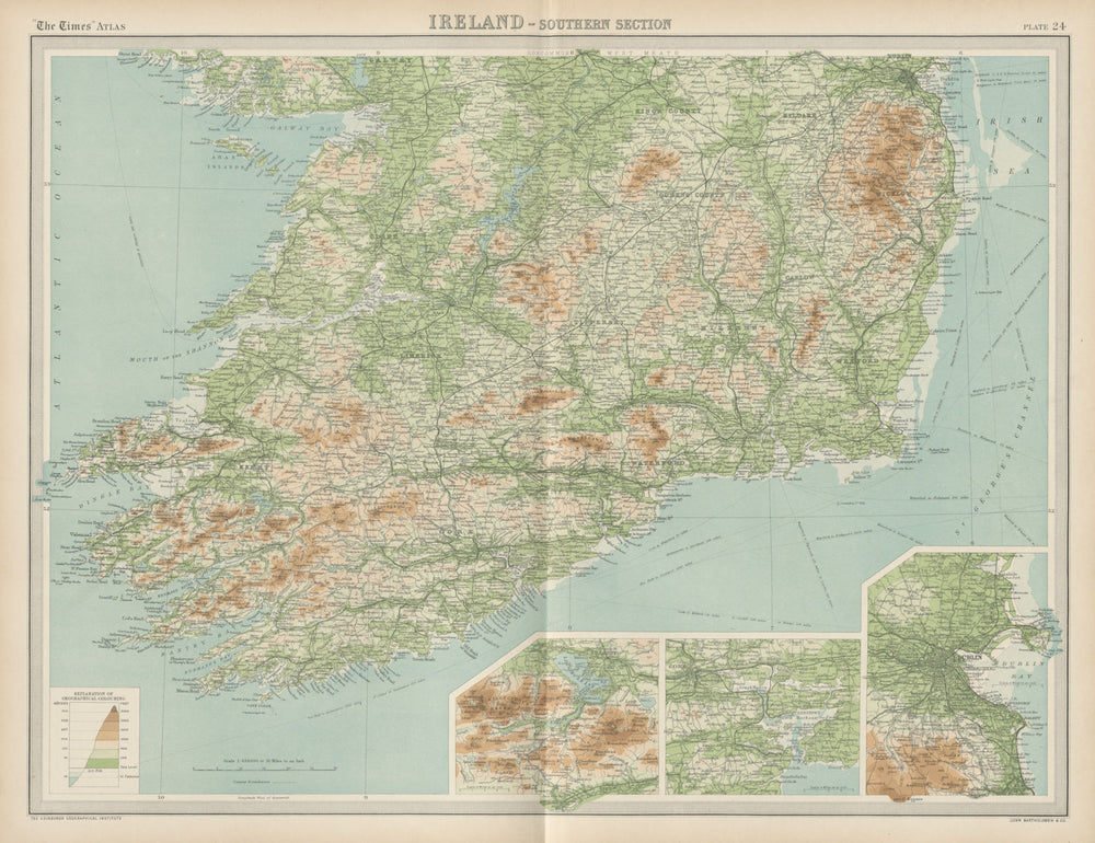 Southern Ireland. Relief & railways. Killarney Cork Dublin insets TIMES 1922 map