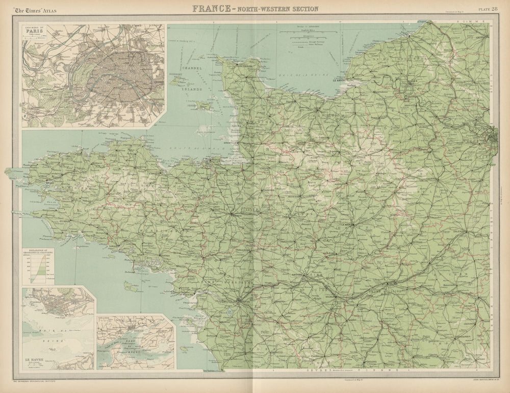 North-western France. Brittany Normandy Loire valley. THE TIMES 1922 old map