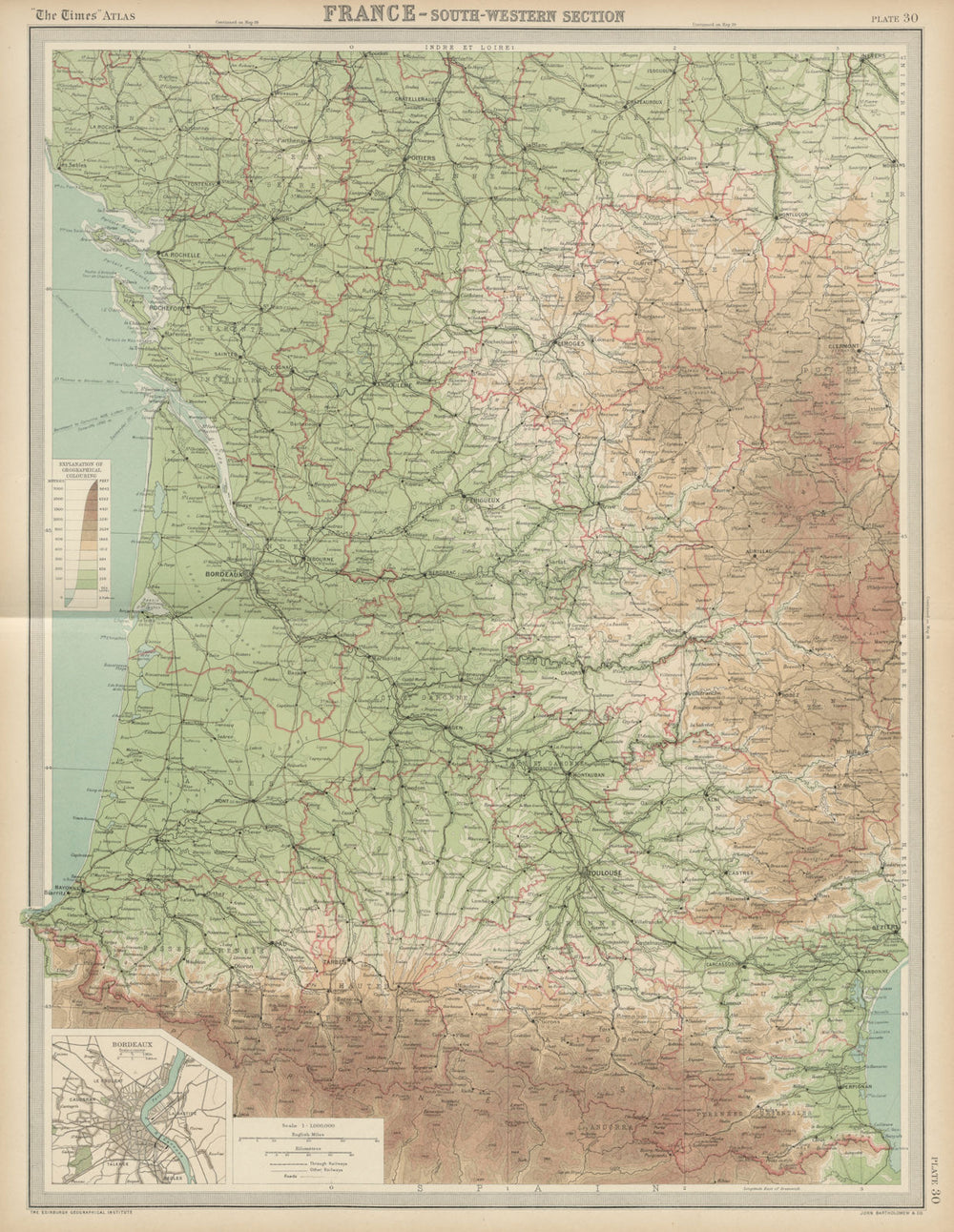 South-west France. Aquitaine Pyrenees Charente Limousin. THE TIMES 1922 map