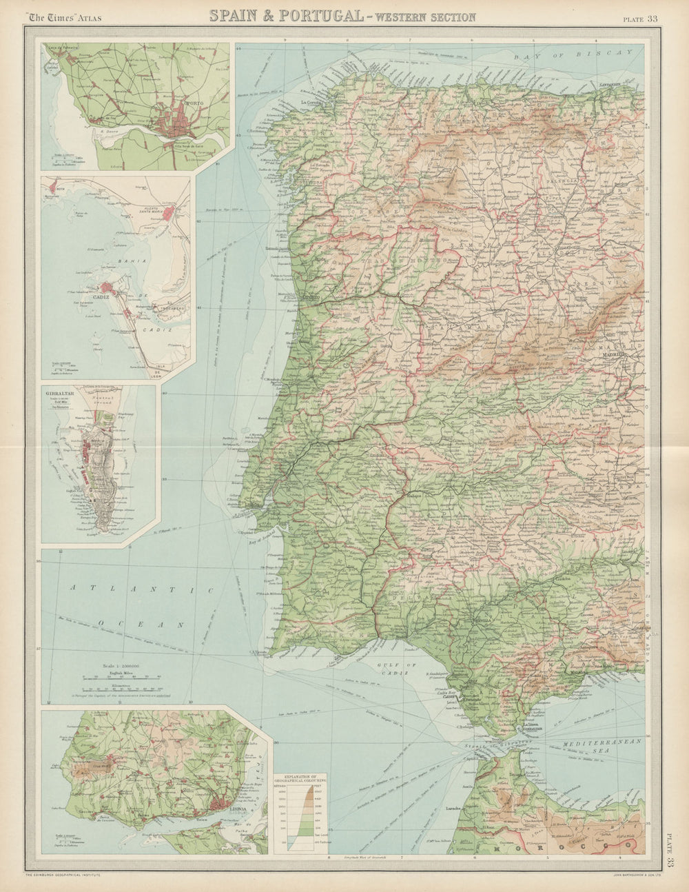Western Spain & Portugal. Iberia. Lisbon Gibraltar Oporto Cadiz. TIMES 1922 map