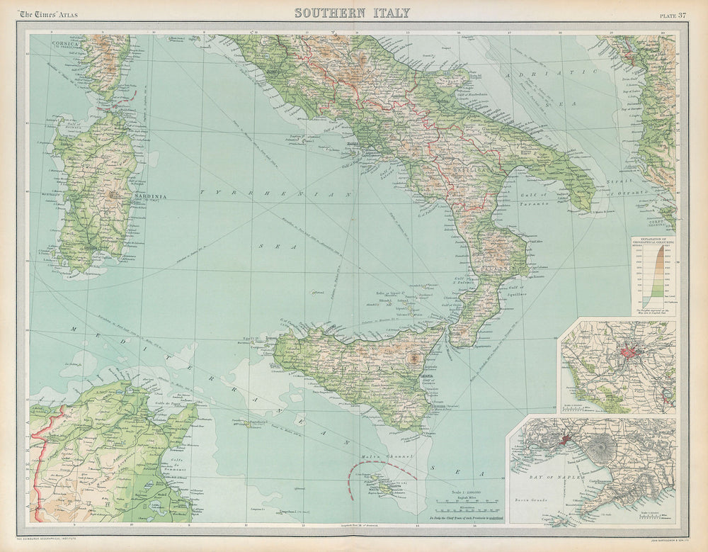 Southern Italy. Sardinia Sicily. Rome Naples. THE TIMES 1922 old antique map