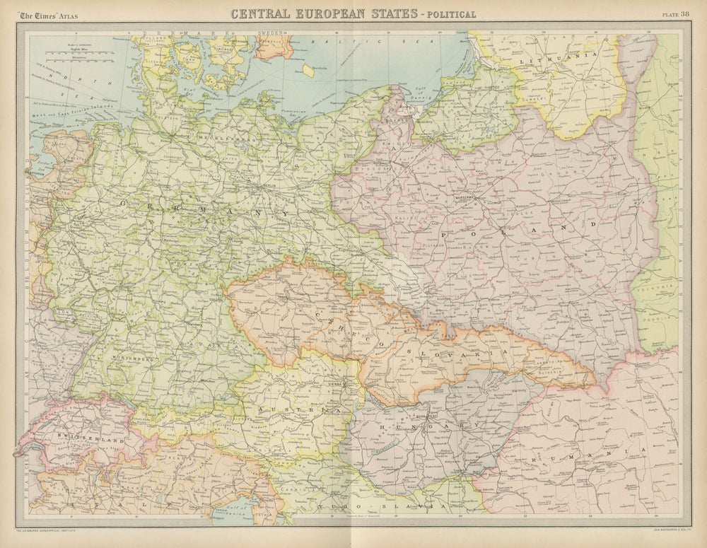 Central Europe. Germany Poland Czechoslovakia Carpathian Ruthenia TIMES 1922 map