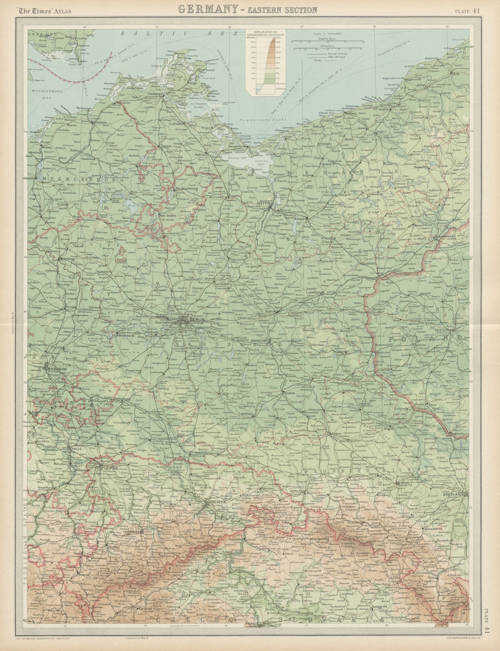 Eastern Germany. Poland. Pomerania Brandenburg Silesia. THE TIMES 1922 old map