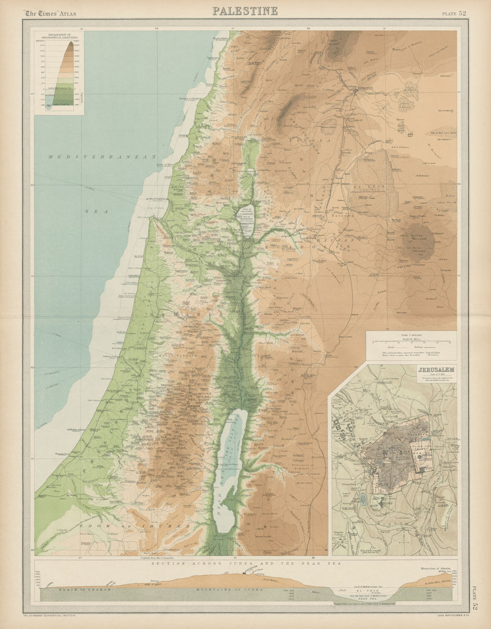 Palestine relief. Holy Land. Israel. Judea Dead Sea cross section TIMES 1922 map