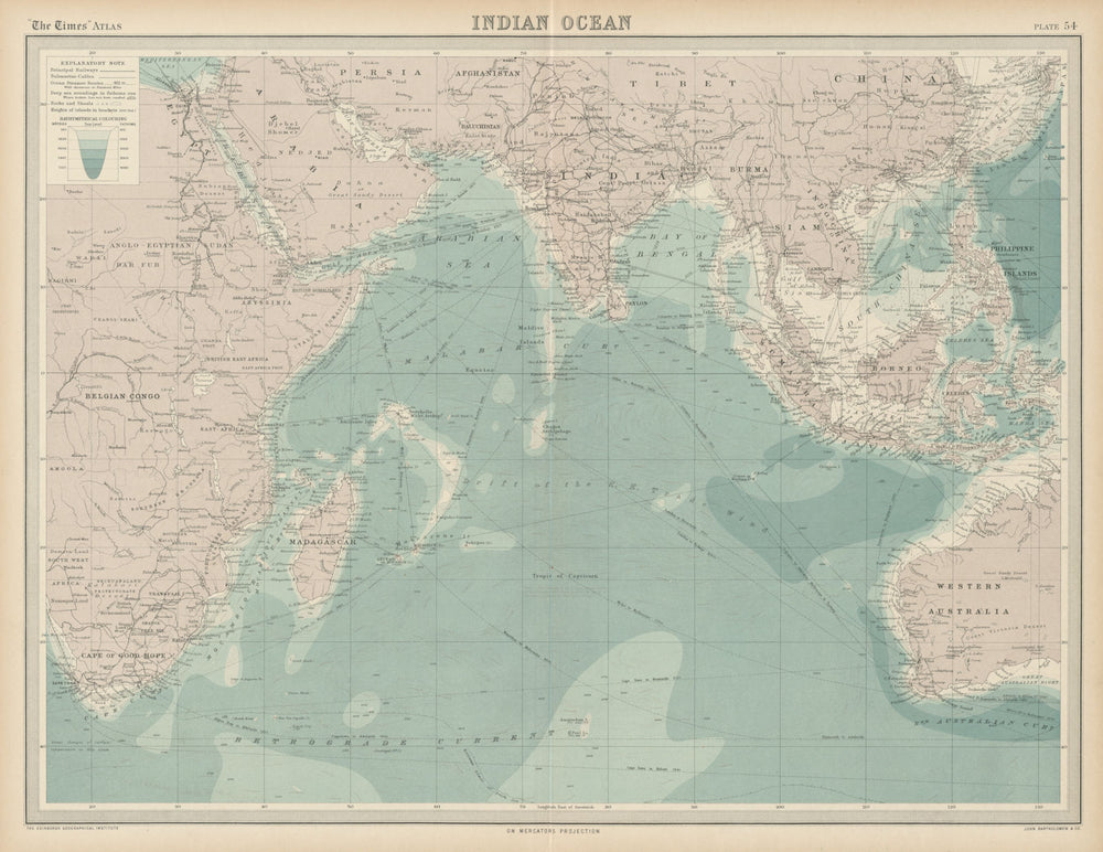 Indian Ocean. Shipping routes, currents & depths. THE TIMES 1922 old map