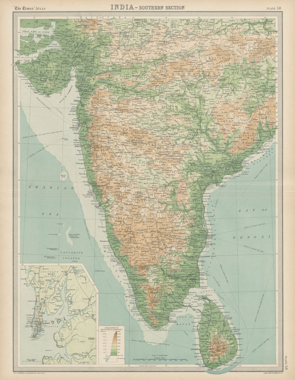 British India - southern section. Relief. Ceylon Sri Lanka. THE TIMES 1922 map