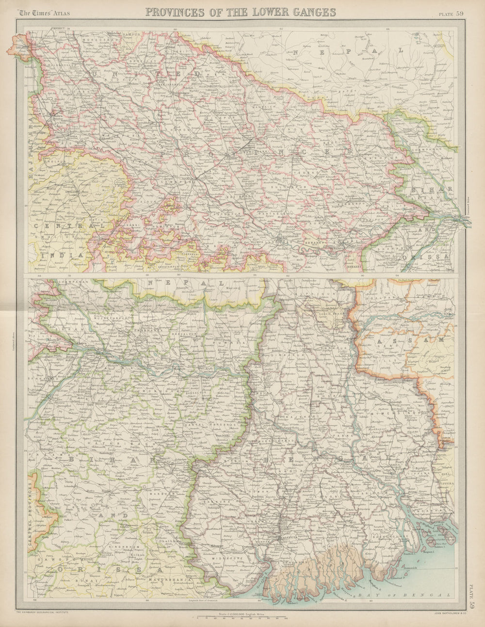 British India. Lower Ganges. United Provinces Bihar Bengal. TIMES 1922 old map
