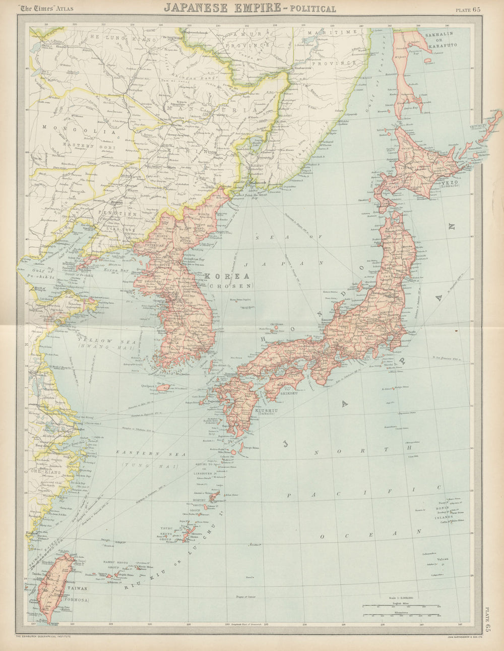 Japanese Empire. Korea Japan Taiwan Formosa. THE TIMES 1922 old antique map