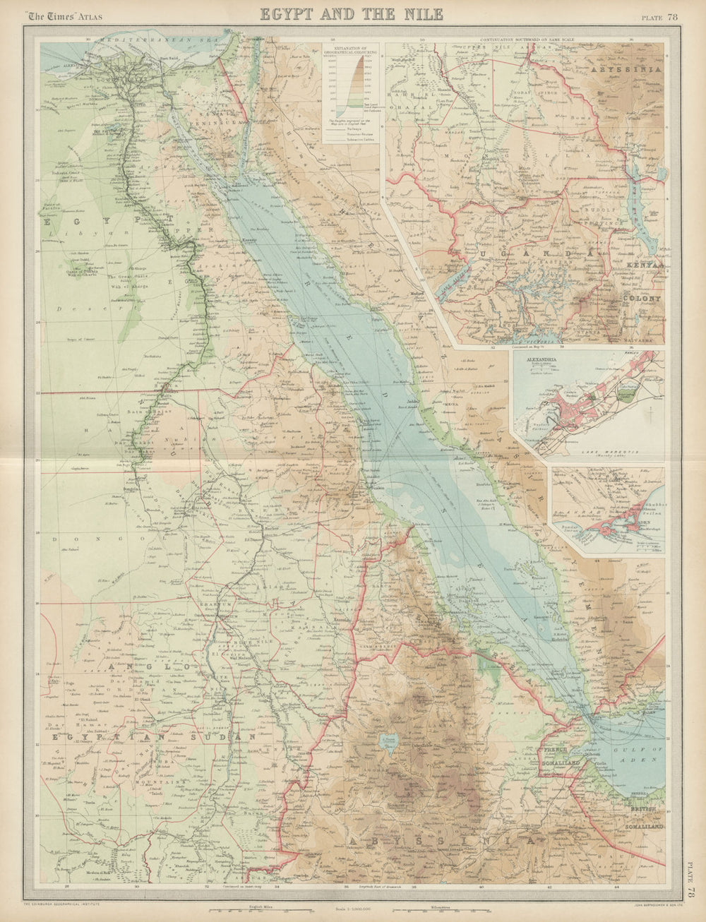 Red Sea & Nile valley. Egypt Hejaz. Aden Alexandria.  THE TIMES 1922 old map