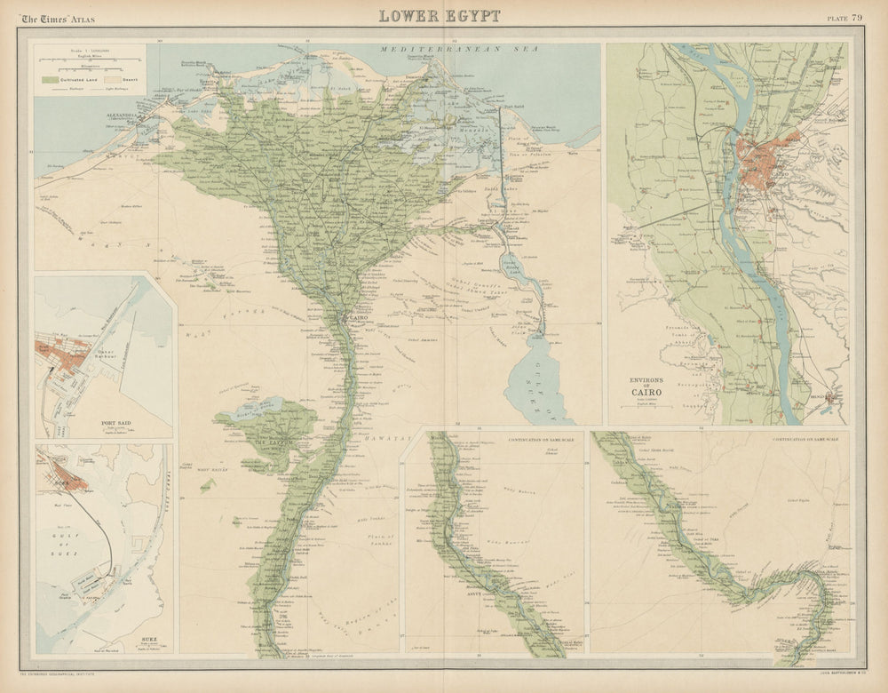 Lower Egypt. Nile valley & delta. Cairo environs. Suez. Port Said TIMES 1922 map