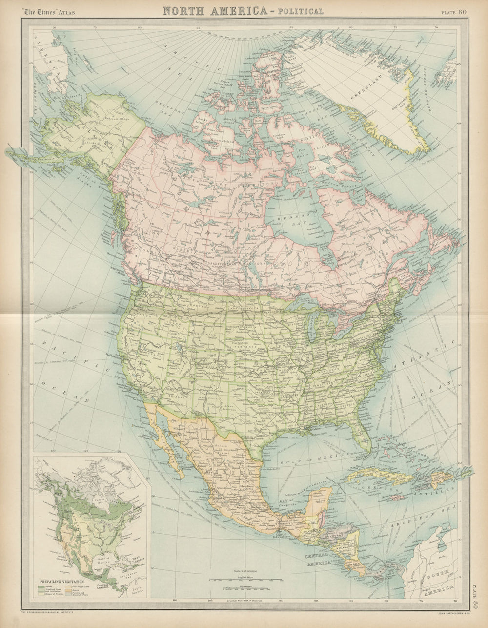 North America - Political. United States Canada Mexico Greenland. TIMES 1922 map