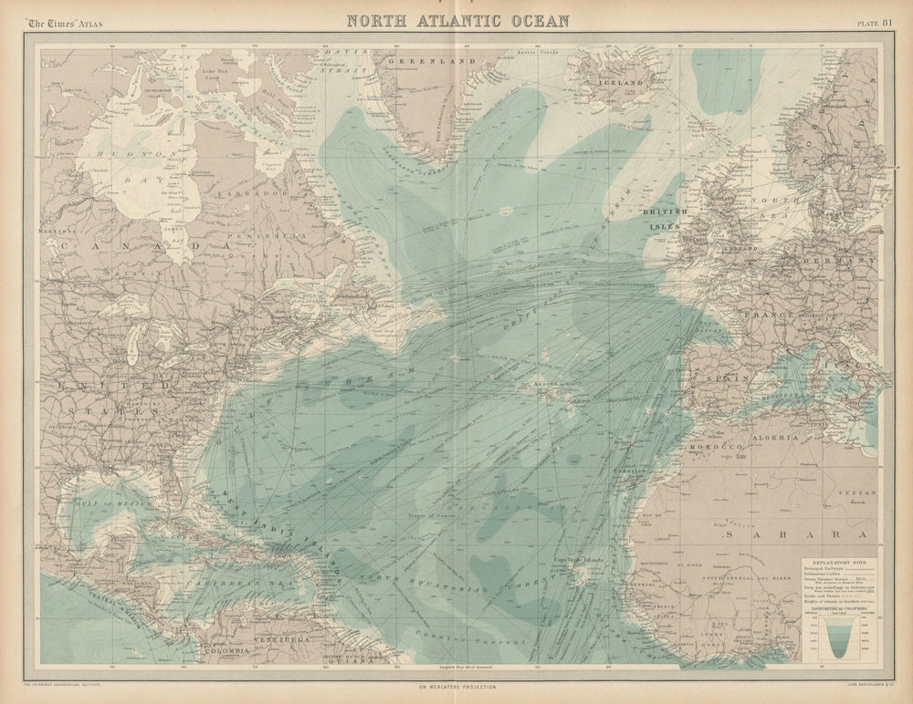 North Atlantic Ocean. Shipping routes & currents. Depths. THE TIMES 1922 map