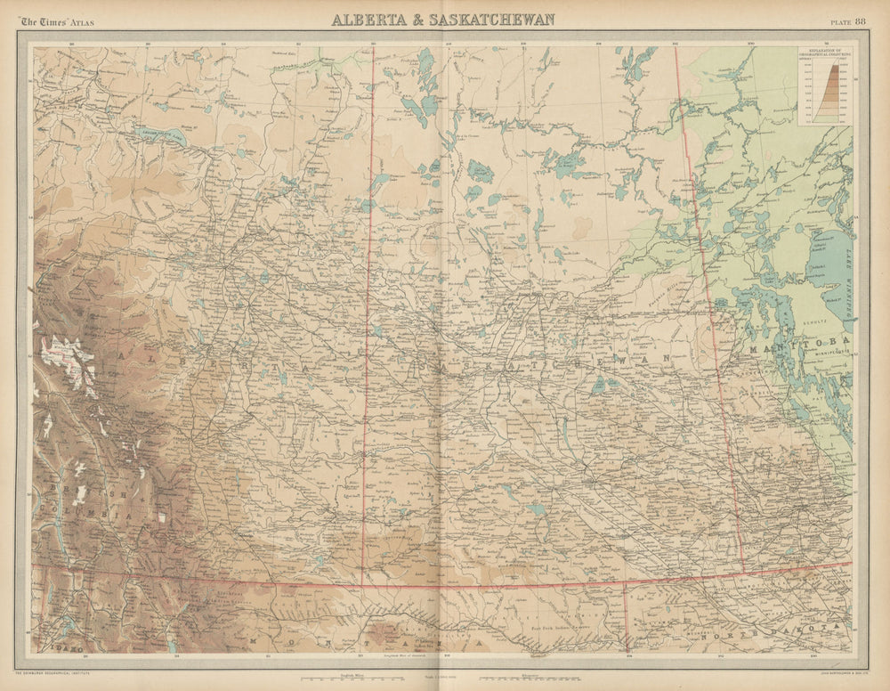 Central Canada. Alberta & Saskatchewan. Relief. THE TIMES 1922 old antique map